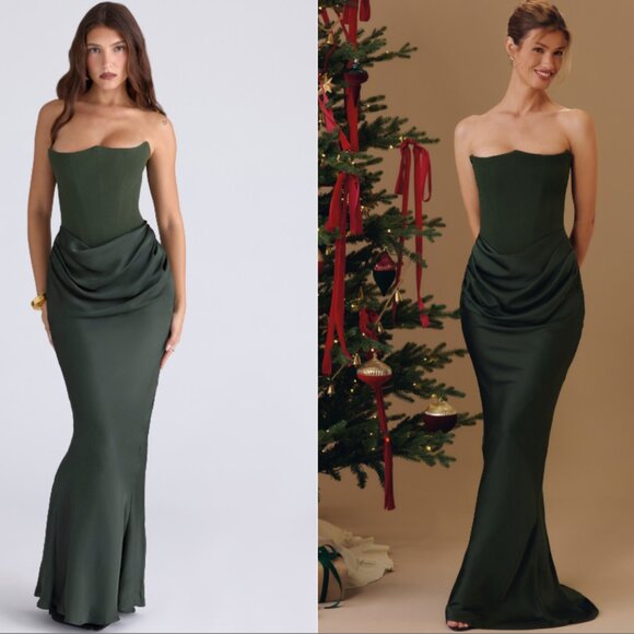 House of CB PERSEPHONE Emerald Green Crepe Strapless Corset Maxi Dress NWOT House of CB PERSEPHONE Emerald Green Crepe Strapless Corset Maxi Dress NWOT